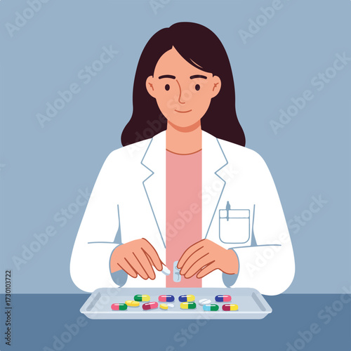 Pharmacist sorts pills on tray