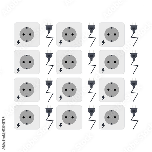 Vector illustration of an alternating grid pattern featuring two main electrical elements: socket (outlet) and plug, both in Type C (Europlug) style.