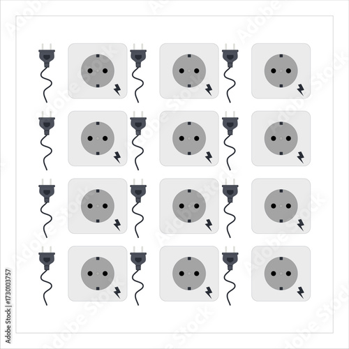 Vector illustration of an alternating grid pattern featuring two main electrical elements: socket (outlet) and plug, both in Type C (Europlug) style.