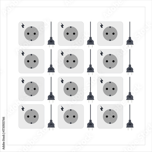 Vector illustration of an alternating grid pattern featuring two main electrical elements: socket (outlet) and plug, both in Type C (Europlug) style.
