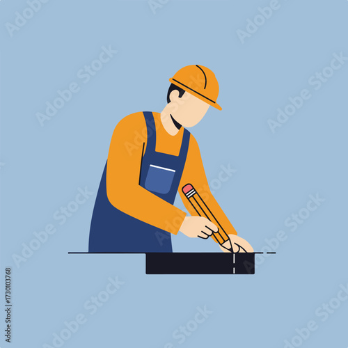 Man in helmet & overalls using pencil on dark rectangle, light blue background