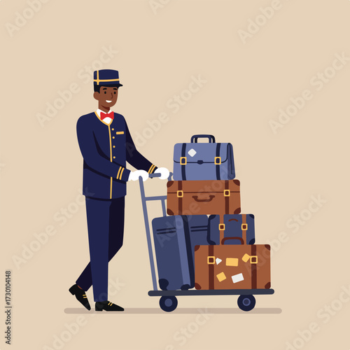 Bellhop with luggage cart and stack of suitcases, flat illustration
