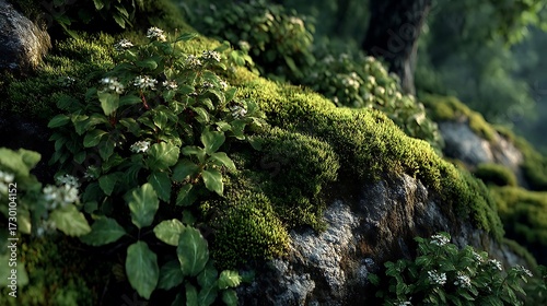 Beautiful moss covered rocks in forest high resolution image