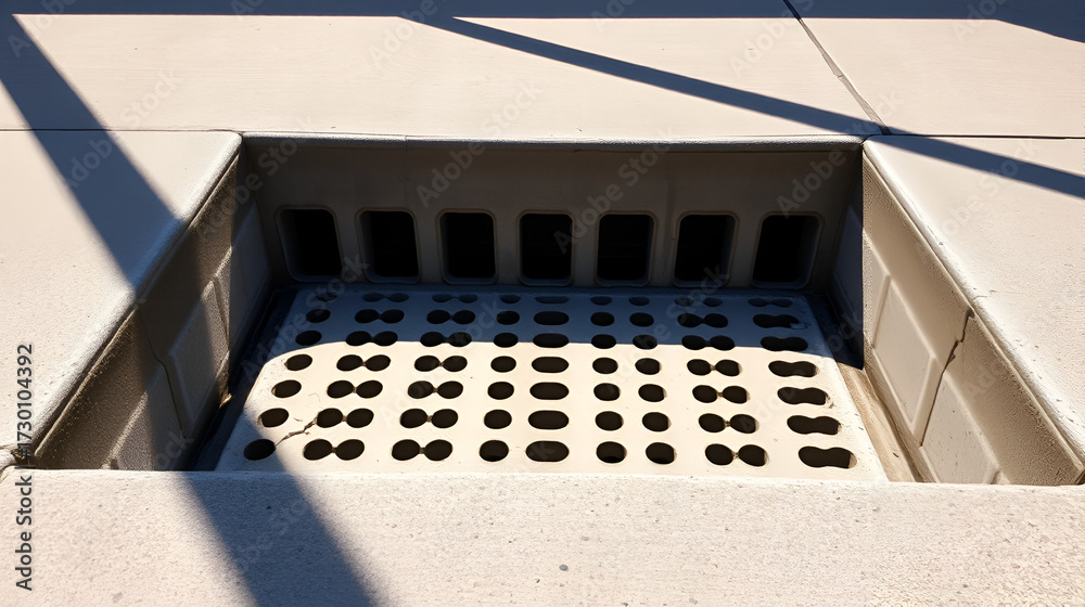 Obraz premium Perspective view of an industrial concrete square grid drain casting shadows