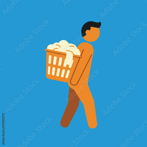 Stylized person carrying laundry basket on shoulder against blue background