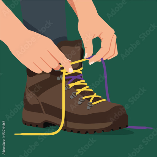 Hands tying yellow and purple shoelaces on a brown hiking boot