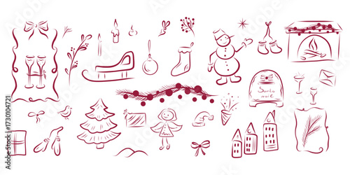 Red Holiday Doodle Set, Festive Icon Collection, Christmas Sketch