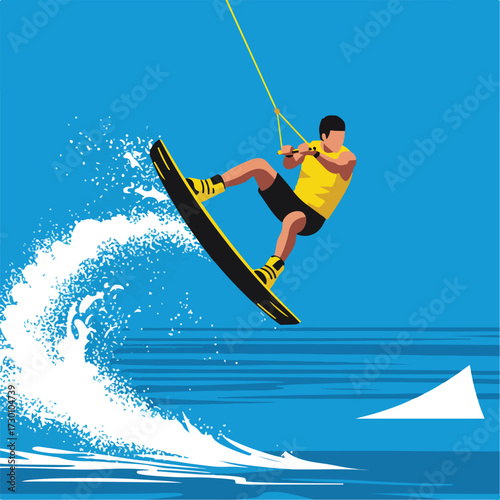 Wakeboarder in the air against a blue background with water spray