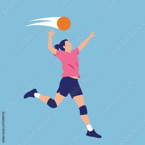 Vector illustration of a woman hitting a volleyball in mid-air jump serve