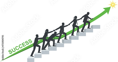 Teamwork and collaboration lead to success, people climbing stairs with arrow isolated on white background