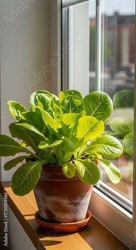 Healthy Indoor Salad Plant on Windowsill.