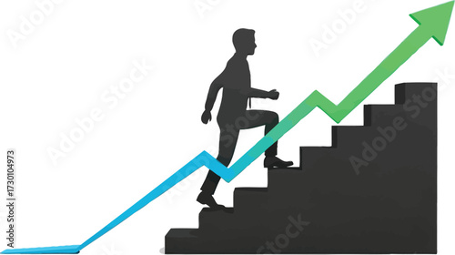 Silhouette of a man climbing stairs with an arrow pointing upwards isolated on white background