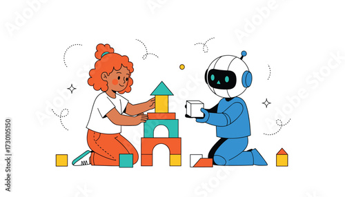 Vector art of a young girl and a friendly robot building a tower with colorful blocks 