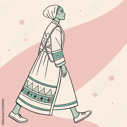 A woman in traditional dress walking on a path with a modern twist