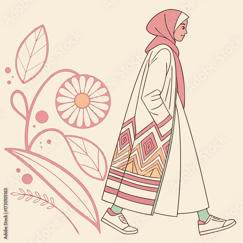A woman in hijab walking near a flower with a beige background