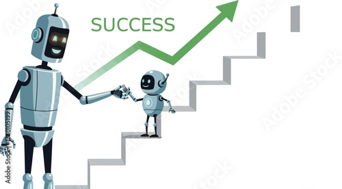 A robot helps another robot climb the stairs to success isolated on white background the robots are working together