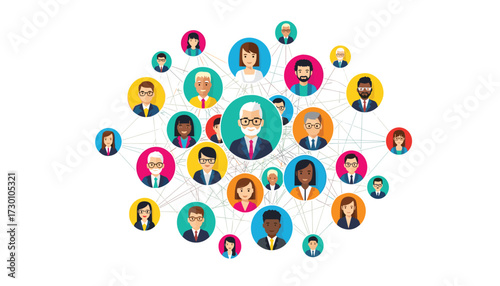 Vector art of diverse group of people connected in a network, representing community, social media, and relationships 