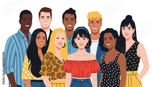 Vector art of a diverse group of smiling young adults standing together 