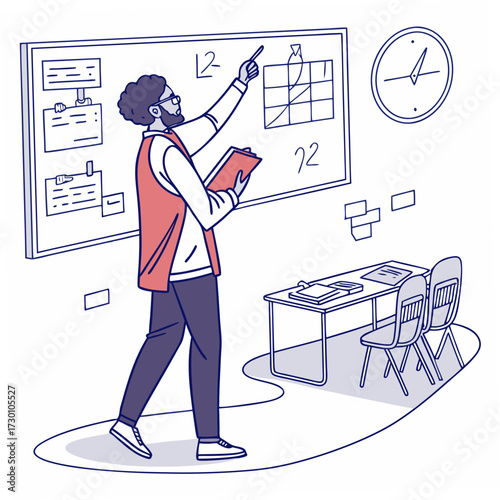 Illustration of a teacher explaining a lesson on a whiteboard