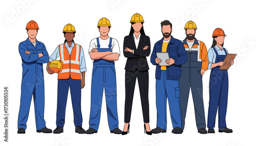 Vector art of diverse group of construction workers and engineers standing together 