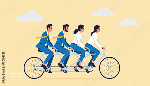 Vector art of four business people in blue suits riding a tandem bicycle together, symbolizing teamwork and collaboration in a corporate environment 