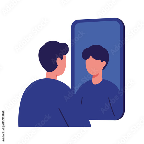 Man looking in a blue mirror, reflecting a simplified version of himself