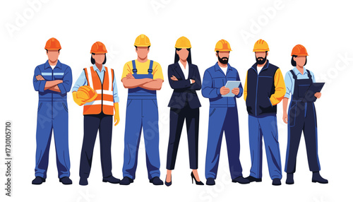 Vector art of diverse group of construction workers and engineers standing together 