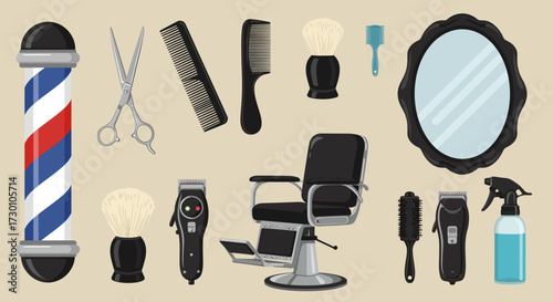 A collection of classic barber shop equipment and furniture on a plain background