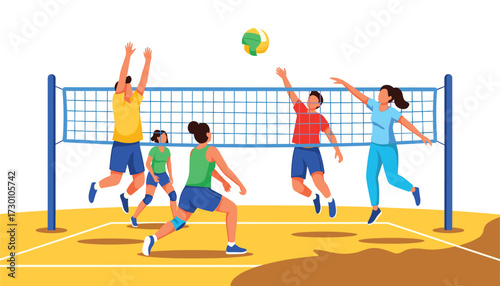 Vector art of a group of diverse people playing volleyball on a court with a net, actively engaged in a match with the ball in the air 