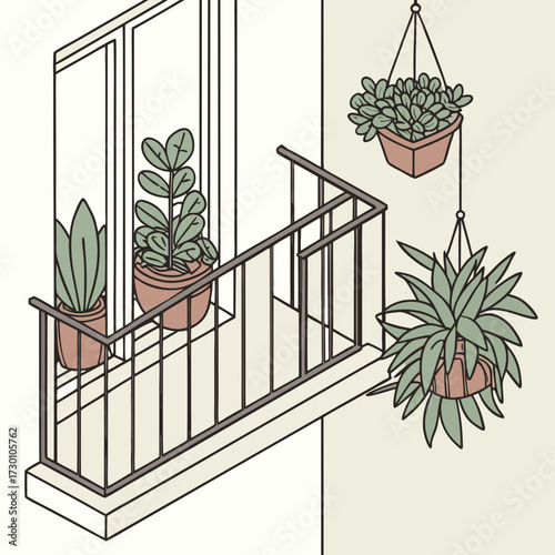 Isometric balcony with potted plants and hanging baskets