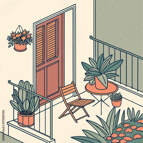 Isometric balcony with chair, table, plants and door