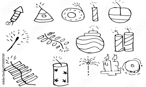 Hand-Drawn Doodle Fireworks Collection - Black and White Sketch Set of Firecrackers, Sparklers, Rockets, and Pyrotechnic Elements for New Year, Diwali, or Celebration Design.