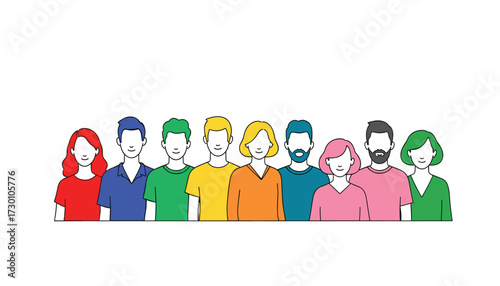Vector art of diverse group of people in rainbow colored clothing standing together 