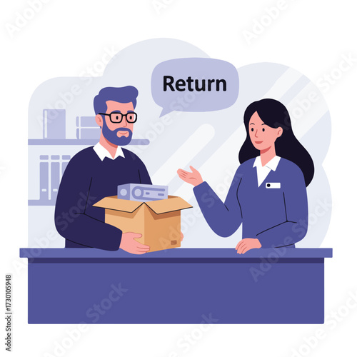 Man returning device in box to agent. "Return" thought bubble. Minimalist