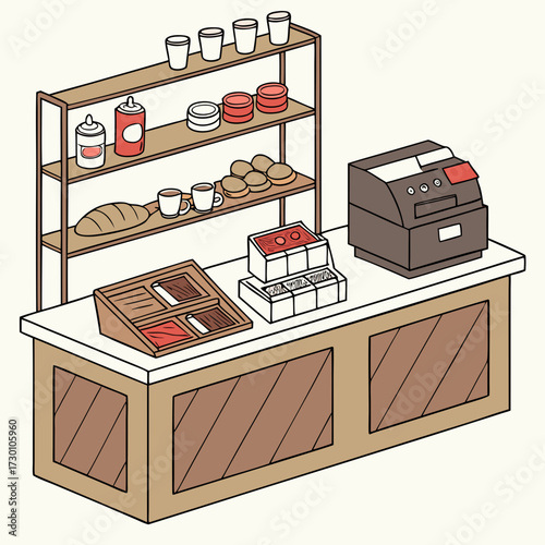 Isometric view of a bakery counter with shelves