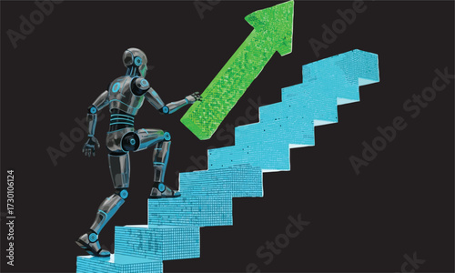 A futuristic robot climbs blue stairs with a green arrow pointing upwards on a black background