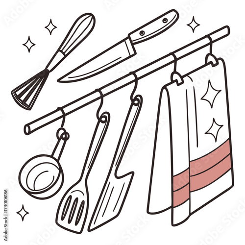 Kitchen utensils hanging on a rod