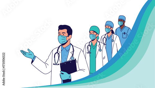 Vector art of a diverse group of medical professionals wearing masks and scrubs, with one leading the way 