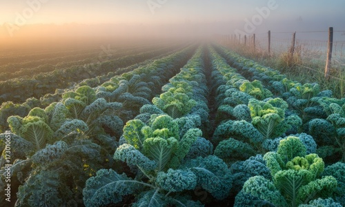 Rows of kale plants in a misty field at sunrise