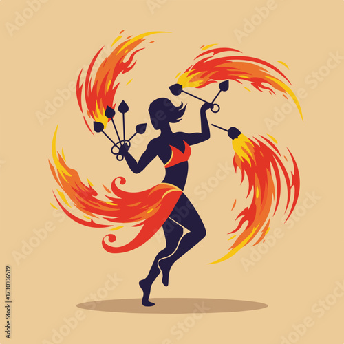 Silhouetted fire dancer with flames in motion on a light background