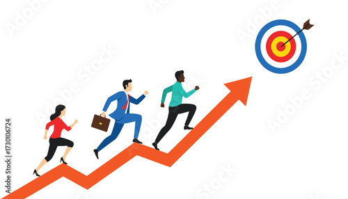 Vector art of business people running up an upward trending arrow towards a target