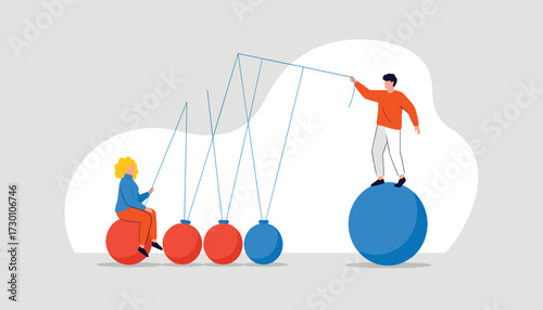 Vector art of two people interacting with a newtons cradle, one sitting and one standing on a ball, illustrating concepts of physics, balance, and cause and effect