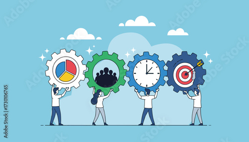 Vector art of teamwork and collaboration concept with people holding gears representing strategy, people, time, and goals, symbolizing business success and synergy