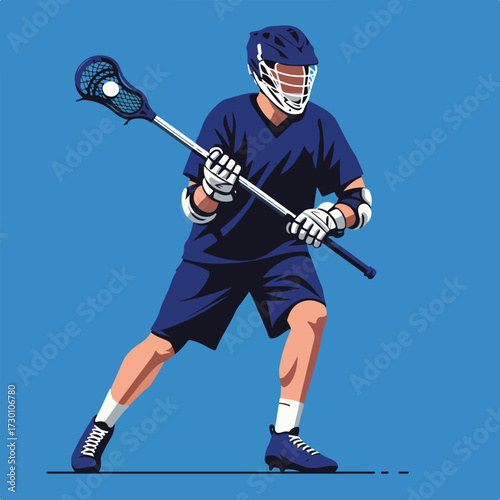 Lacrosse player in action, blue uniform, helmet, holding lacrosse stick and ball
