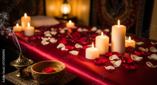 Intimate atmosphere of a tantric massage parlor with soft candlelight, close-up without people