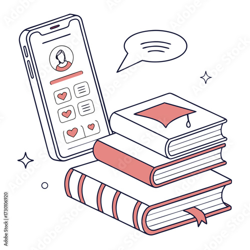 Online education app on phone with books design