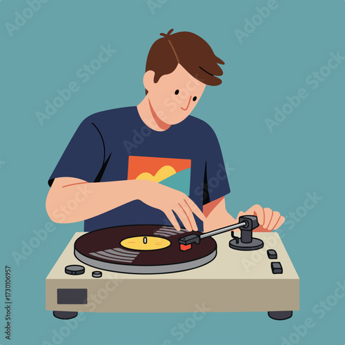 Man adjusting stylus on record player with retro graphics tee, teal background