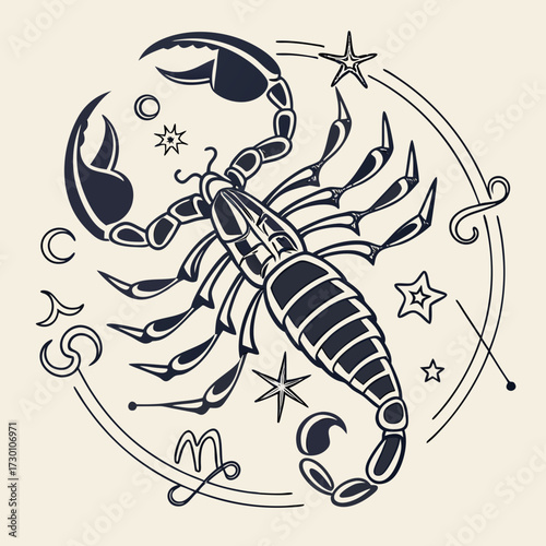 Scorpio zodiac sign illustration with stars and celestial elements
