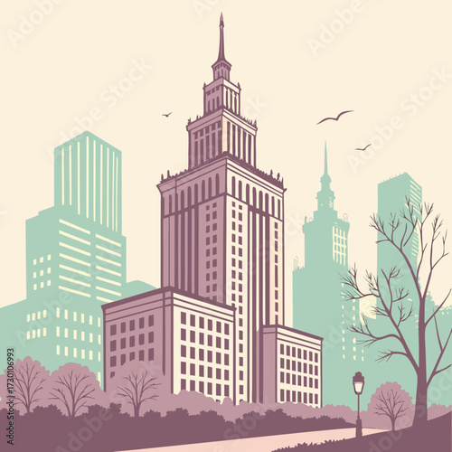 Stylized illustration of the palace of culture and science in warsaw at dusk