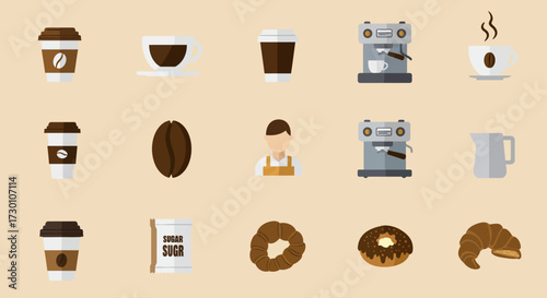 Flat design icons for coffee shop items arranged in three rows